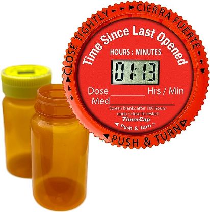 Picture of TimerCap Automatically Displays Time Since Last Opened - Built-in Stopwatch Smart Pill Bottle Cap Medication Reminder Case (Qty 2-4.0 oz Amber Bottles) CRC